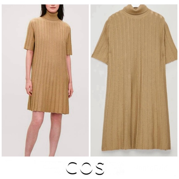 COS Beige Tan / Beige Scallop Pleated Knit Wool Blend Turtleneck Boho Dress Sz S - Picture 16 of 16